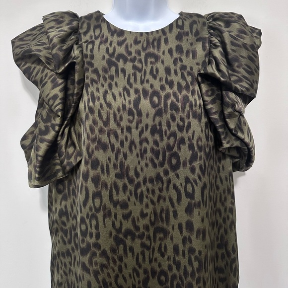 THML Give You A Look Olive Green Leopard Shift Dress Ruffle Sleeves - Picture 5 of 8